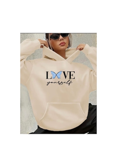 Herkesemoda Love Yorself Detaylı Kapüşonlu Sweatshirt Bej