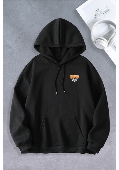 Nevermind Unisex Kadın Erkek Ayı Maskeli Oversize Sweatshirt Siyah