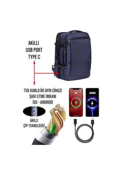 Körüklü Laptop Sırt ve Seyahat Çantası 15,6 İnç 40 Litre Usb Su Geçirmez Kumaş Lacivert Dada 12
