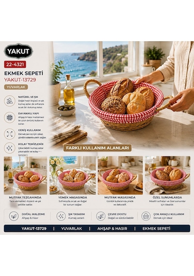 Yakut Yuvarlak Ahşap Hasır Ekmek Sepeti Çok Amaçlı Kullanım