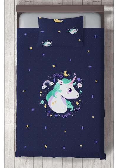 Mekta Home Bebek Ve Çocuk Odası Lacivert Unicorn Desenli Yatak Örtüsü Renkli