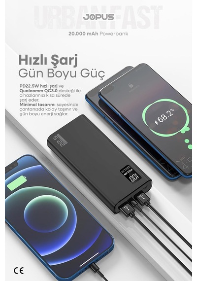 20000mah Powerbank Pd 22.5w Hızlı Şarj Dijital Ekranlı Taşınabilir Şarj Cihazı Siyah, 17524
