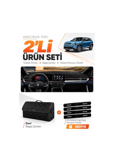 Renault Boreal 2025-sonrası Uyumlu Torpido Örtüsü + Deri Bagaj Çantası + Sticker Seti - Siyah