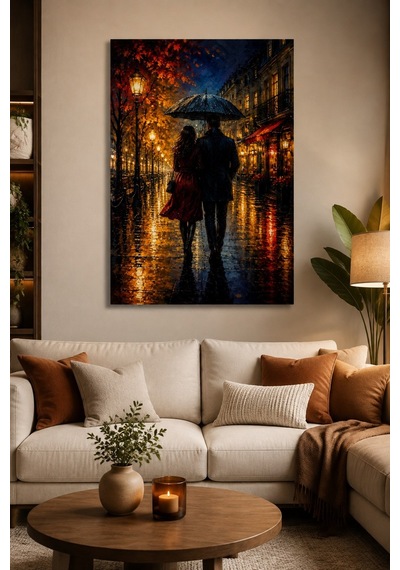 Yağmurlu Sokak Aşkı Baskılı Cam Tablo Romantik Duvar Dekoru