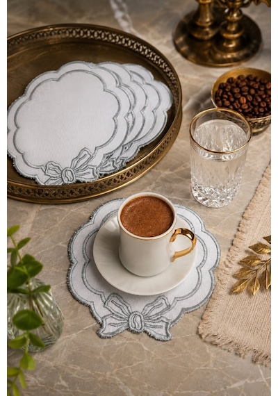 Gümüş Nakış İşlemeli 6'lı Kahve Yanı Sunum Peçetesi Çeyizlik Kahve Altı Sunum Peçetesi Vensura