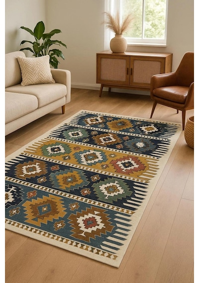Etnik Desenli Modern Halı Dekoratif Kilim Çok Renkli