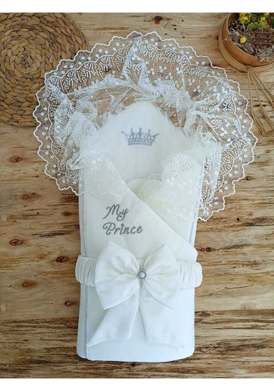 Dantelli Özel Taçlı Bebek Kundağı Unisex Bebek Dış Kundak Battaniyesi Hastane Çıkışı Hediyelik Knd45302 Ekru