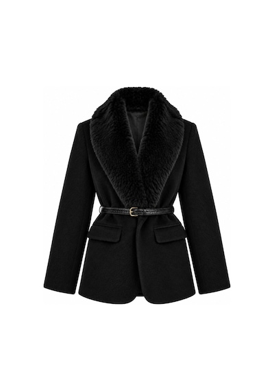 Laluvia Siyah Kürk Yaka Peluş Ceket - 9688