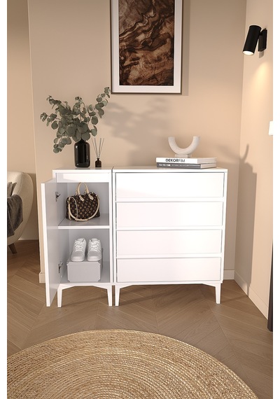 Df11105 Şifonyer 4 Çekmeceli Kapaklı Raflı Çok Amaçlı Depolama Dolabı, Ayakkabılık, Modern Şifonyer Beyaz Df11105 Şifonyer 4 Çekmeceli Kapaklı Raflı Çok Amaçlı Depolama Dolabı, Ayakkabılık, Modern Şifonyer Beyaz