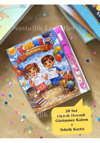 Karne Hediyesi 20 Set Ayıcık Desenli Görünmez Kalem Ve Tebrik Kartı