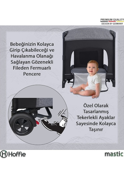 Mastic Anne Yanı Sallanır Cibinlikli Oyun Parkı Bebek Beşik 70x110 Cm Gri - Siyah