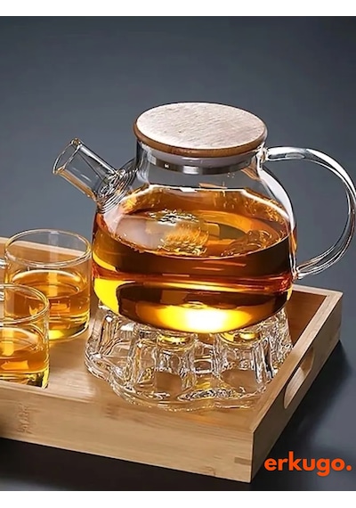 Vakumlu Bambu Kapaklı Isıya Dayanıklı Borosilikat Cam Demlik, Süzgeçli Demlik 1000 Ml Teapot Şeffaf