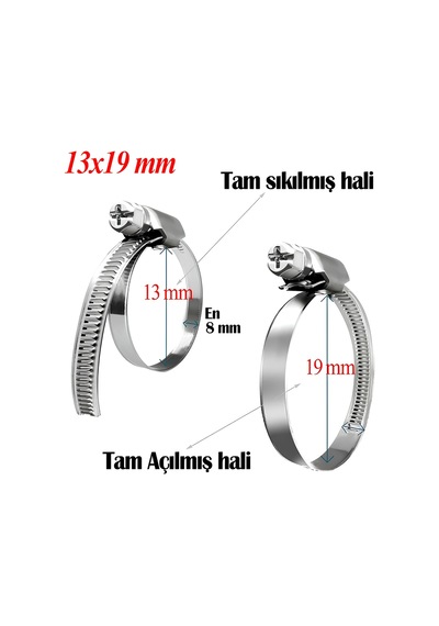 13x19mm Paslanmaz Çelik Hortum Boru Tesisat Kelepçesi 5 Adet