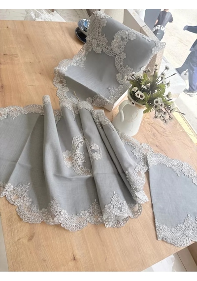 Çeyizlik Firuze Model Gri 5 Parça Keten Dantelli Salon Takımı Runner Seti No 486745 Sarı