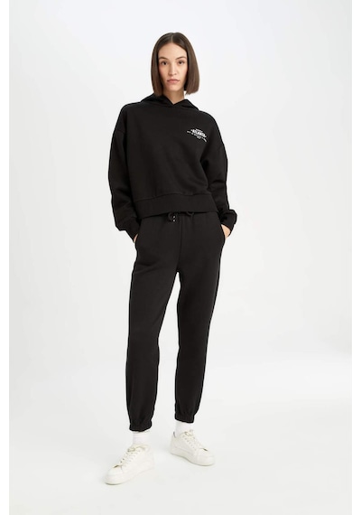 DeFacto Boxy Fit Kapüşonlu Baskılı Kalın Siyah Sweatshirt D6717AX24WNBK81 Siyah