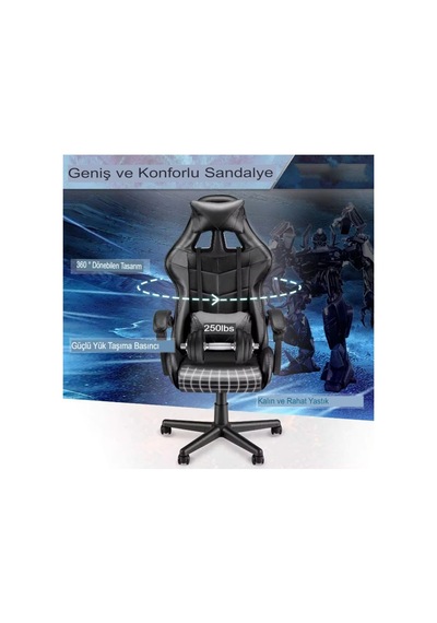 Gri Desen Oyuncu Koltuğu, Ergonomik Tasarım, Ayarlanabilir Boyun Ve Bel Yastığı, Hareketli Kolçak Diğer