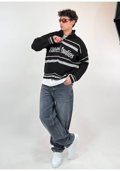 Zaee Studio Stripe Knit Crop Boy Triko Ceket gri