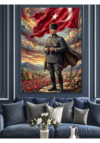 Cephede Türk Bayraklı Atatürk Portresi Dekoratif Kanvas - Mdf Ahşap Tablo