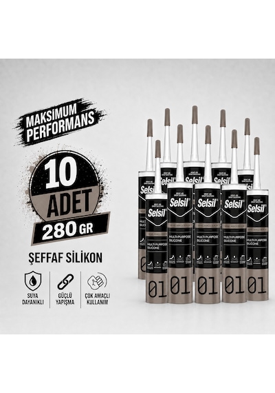 Selsil Şeffaf Genel Amaçlı Silikon 280 Gr Cam Pvc Seramik Banyo Mutfak Sızdırmazlık 10 Adet