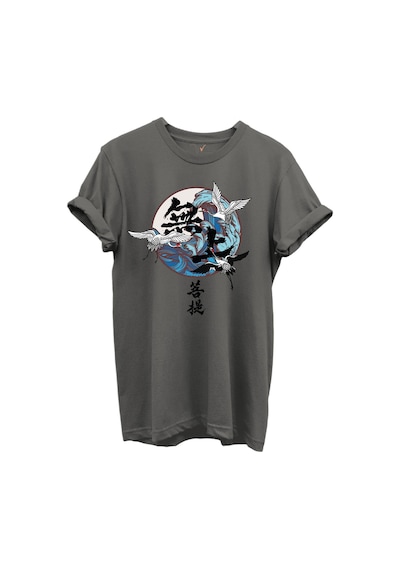 Japon Sanatı Stilinde Turna Kuşları Ve Dalga Desenli %100 Pamuk Regular Fit Unisex T-shirt Gri