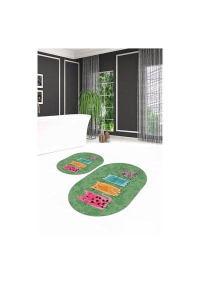 Buççin Online Mağaza Dijital Kaymaz Yıkanabilir Kedi Desen Oval Banyo Takımı Klozet Takımı-yeşil Polyester Yeşil Çok Renkli