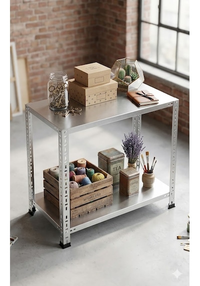 2 Katlı Dekoratif Galvaniz Çelik Raf - Depo, Arşiv, Kiler, Dosya, Market Rafı 31x93x100cm Gri
