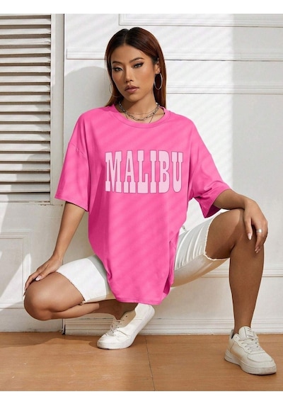 Malibu T-shirt - Pembe Baskılı Oversize Bisiklet Yaka Kısa Kol Tişört Pembe