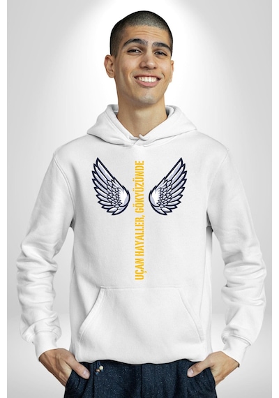 Uçan Hayaller Gökyüzünde Melek Kanatları Kadın Erkek Beyaz Kapüşonlu Sweatshirt Hoodie Beyaz