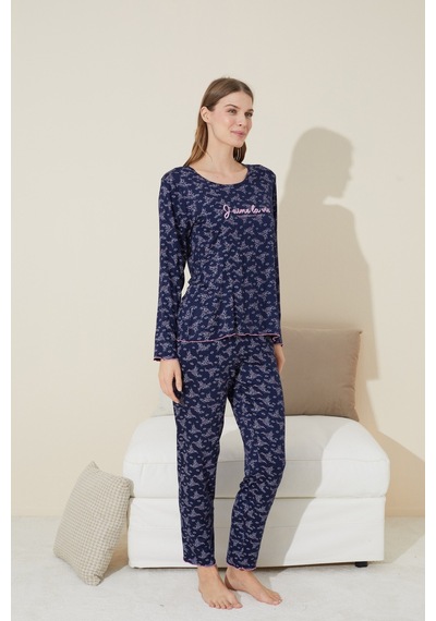 Siyah İnci Pamuklu Örme Pijama Takım 24240127 Lacivert