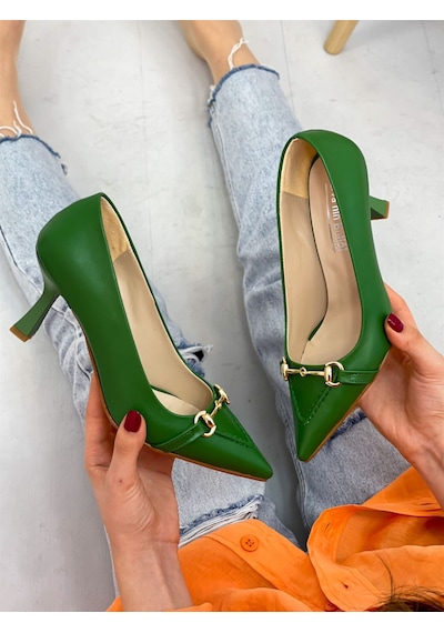 Ervanın Butiği Yeşil Cilt (MossCross) Toka Detay Kadın Stiletto Yeşil