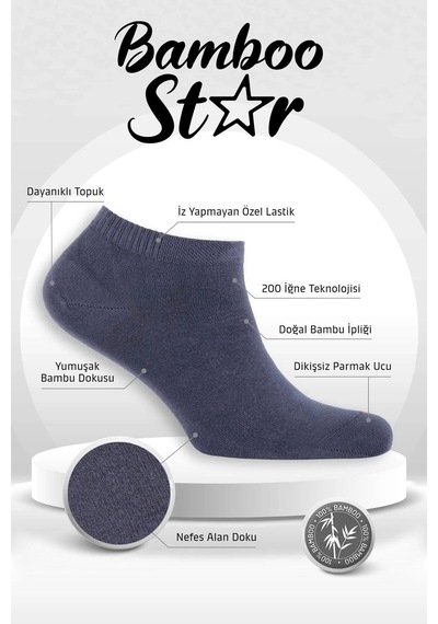 Bamboo Star Bambu Erkek Patik Düz Asorti Çorap Dikişsiz Premium Kutulu 6'lı 2 Siyah - 2 Lacivert - 2 Füme Siyah Lacivert Füme