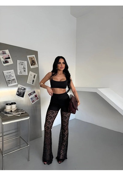 Havens Lace Kabartmalı İspanyol Paça Pantolon Siyah