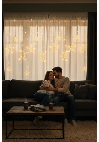 Ay Ve Yıldız Figürlü Kumandalı 12 Sarkıtlı 120 Led Dekor Işık - Dekoratif Ortam Ve Masaüstü Aydınlatması Renkli