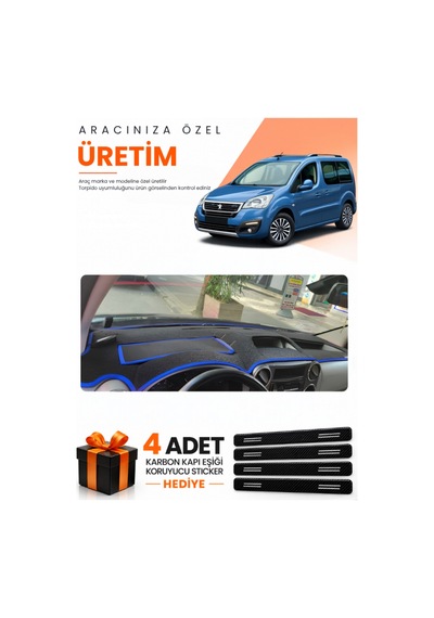 Peugeot Partner Ekranlı Kapaklı 2008-2017 Uyumlu Torpido Koruma Örtüsü Oto Kılıfı - Siyah Mavi