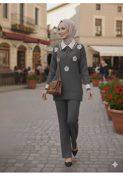 Sayzen Your Shine Gömlek Yaka Broşlu Alt-üst 2'li Triko Takim Sdnz-2501 Gri