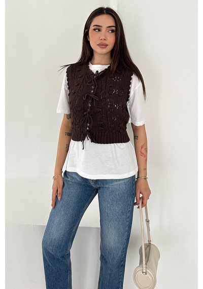 Noa & Noa Kadın Ponponlu Bağlamalı Triko Süveter Dokulu & Romantik Stil Kahverengi