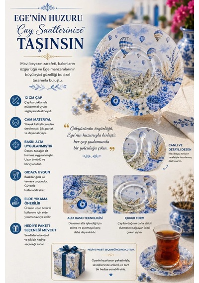 6 Lı Cam Çay Tabağı - Kapadokya Balonları Mavi Çini Desenli 12 Cm - 6 Adet Çay Tabak