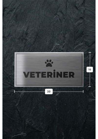 Veterıner Yazılı - Metal - Gümüş Renk - Kapı İsimliği - 30x15 Cm