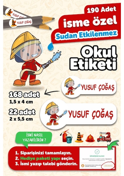 Okul Etiketi Kalem Defter İsimli Etiket Isim Yazılabilen İtfaiyeci - 190 Adet Özel Yeni Tasarım
