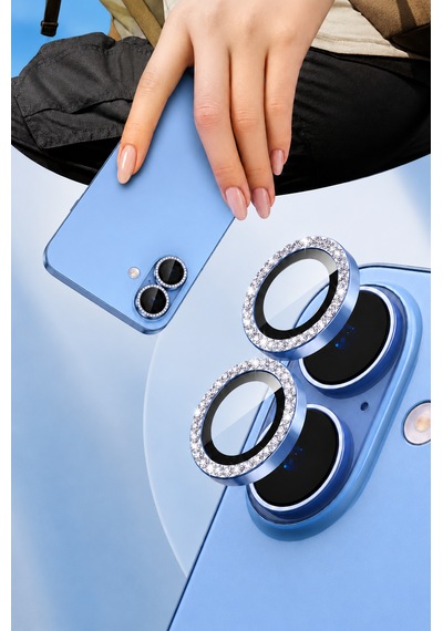 Apple iPhone 17 Uyumlu Taşlı Kamera Lens Koruyucu Sis Mavisi