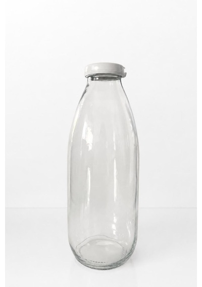 2 Adet 1000ml Beyaz Sızdırmaz Kapaklı Şeffaf Cam Süt Ayran Limonata Meşrubat İçecek Şişesi