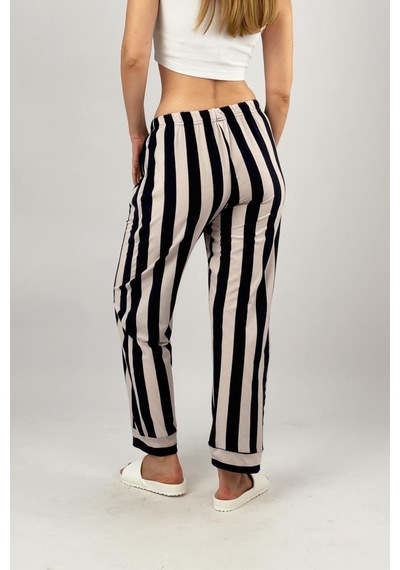 Kadın Cepli Pamuklu Lastikli Bel Kurdeleli Desenli Pijama Altı Lacivert
