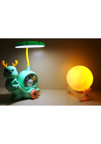Işık Kasabası 150 Geyik Tepe Lambalı Masa - Gece Lambası Ve 3d Led Küre Mavi 26 Cm