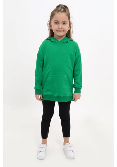 Toontoy Kids Toontoy Kız Çocuk 2'li Takım Baskılı Kapüşonlu Düşük Omuz Cepli Yırtmaçlı Sweatshirt & Basic Düz Tayt Çimen Yeşili