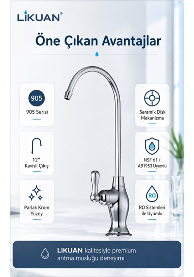 Ncp9053cp Nsf Uyumlu Krom Ro Su Arıtma Musluğu 12 Kavisli Premium Musluk Gümüş