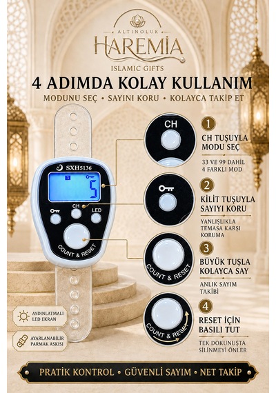 Kilit Özellikli Ledli Zikirmatik 4 Modlu Dijital Zikirmatik Işıklı Sayaç Tesbih Beyaz Sarı