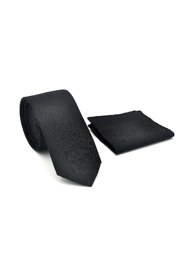 Gaffy Şal Desenli Siyah Dokuma Kumaş Mendilli Slim Fit Kravat // Sdk-2506-1 Siyah