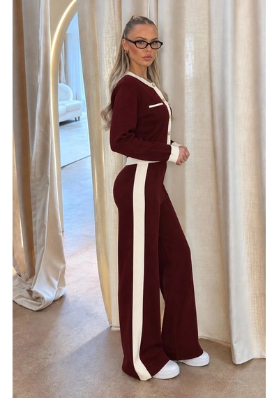 Elora Atelier Bordo Beyaz Şerit Detaylı Triko Takım