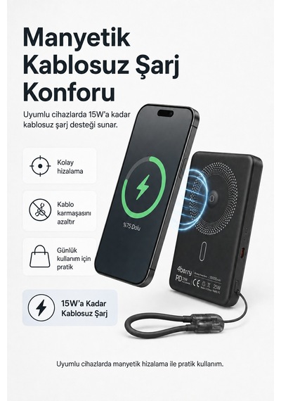 Ym307 10000 Mah Manyetik Kablosuz Powerbank 25w Pd Hızlı Şarj, 15w Kablosuz Şarj Ve 360 Döner Stand Siyah