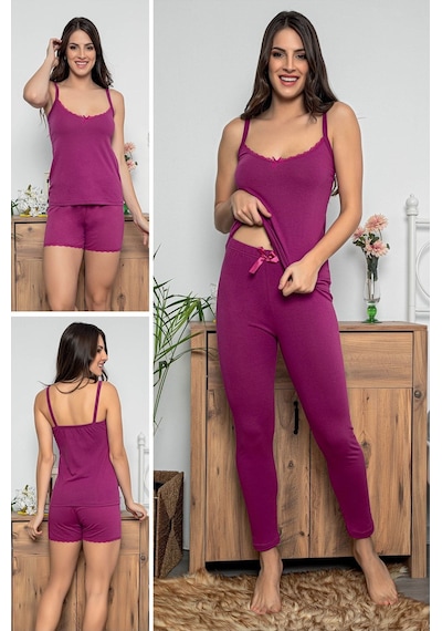 Myben Kadın Mor Renkli Dantel Detaylı Şortlu Ve Taytlı Pijama Takımı 3'lü Set 75022 Mor